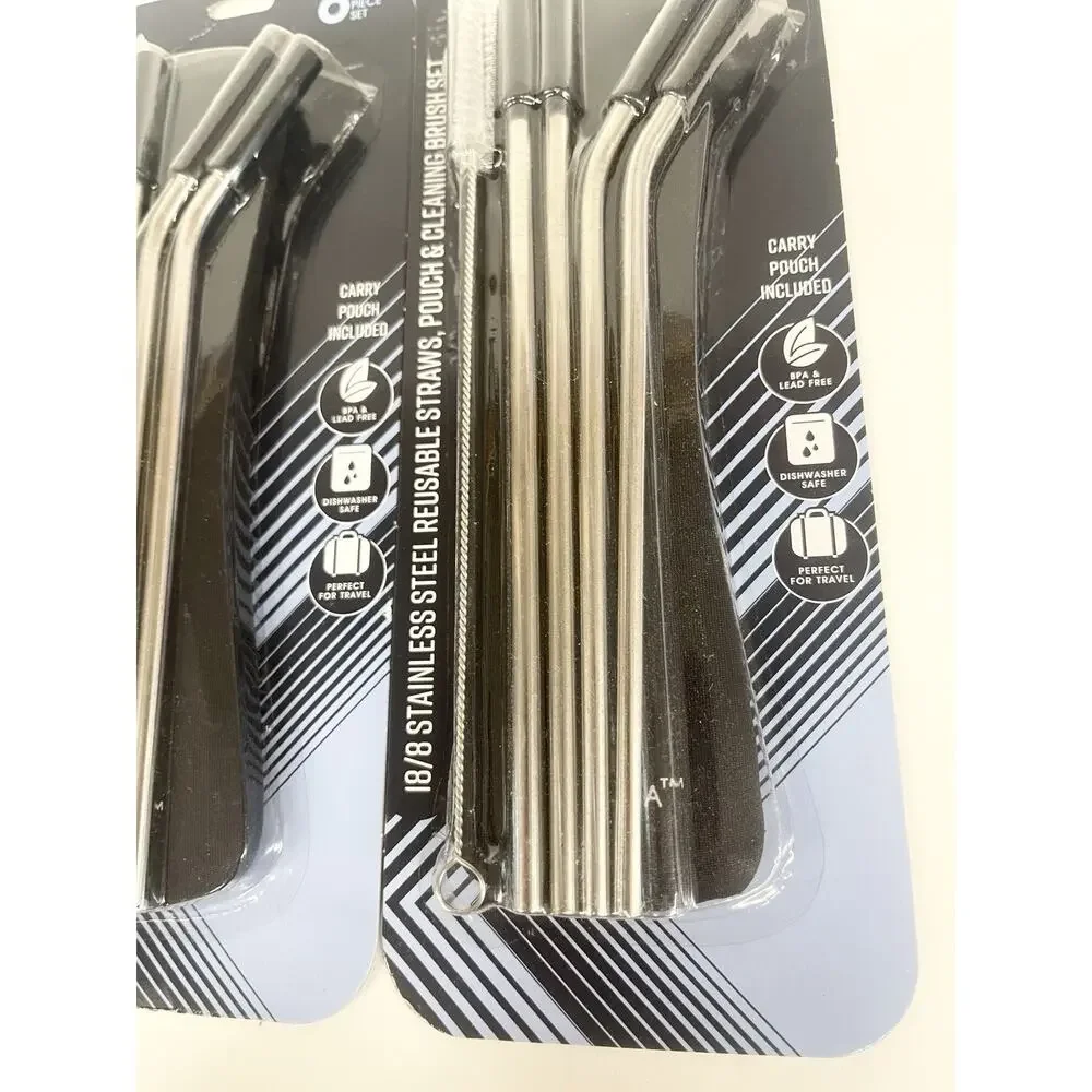 (2) Set of‎ 6 Stainless Steel Reusable Straw Pouch & Cleaning Brush Set BLACK